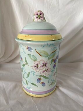 Vintage 90s pastel berry floral cookie jar canister ceramic storage home decor